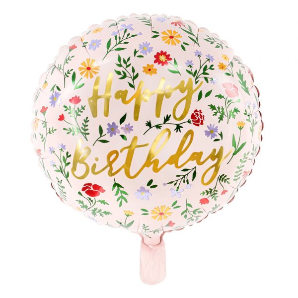 Folieballong - Happy Birthday - Rosa med blommor Folieballong - Happy Birthday - Rosa med blommor