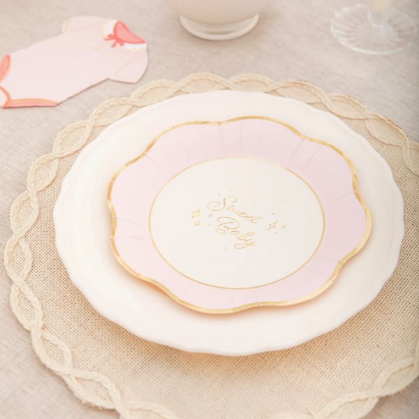Papptallrikar - Sweet Baby - Rosa/Guld - 10-pack