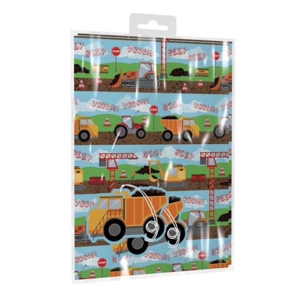 Presentpapper Byggbilar 2 ark med namnetiketter