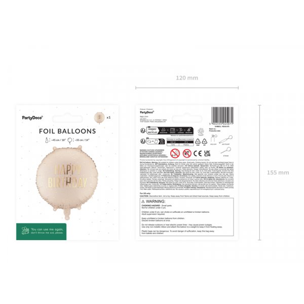 Folieballong rund Happy Birthday - Cream