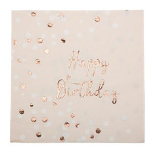 Servetter med happy birthday - Ros�guld - 16-pack