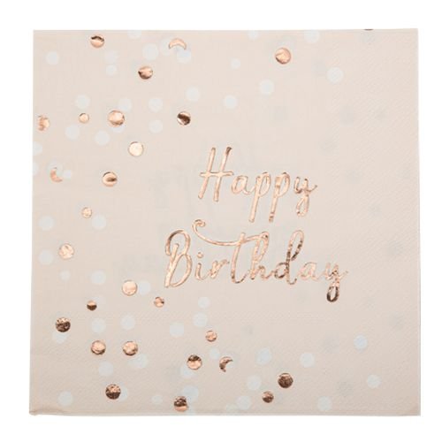 Servetter med happy birthday - Ros�guld - 16-pack