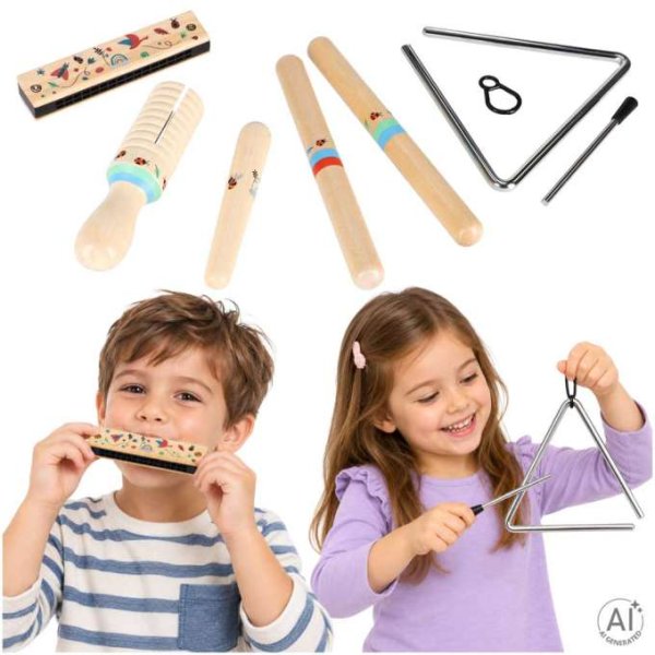 Musikinstrumentset i tr� f�r barn med triangel, rytmpinnar, munspel och guiro