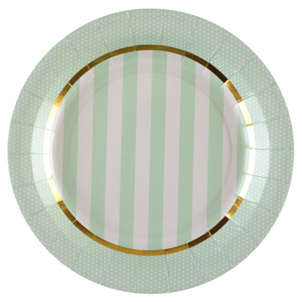 Papptallrikar - Randiga - Mint/Guld - 10-pack