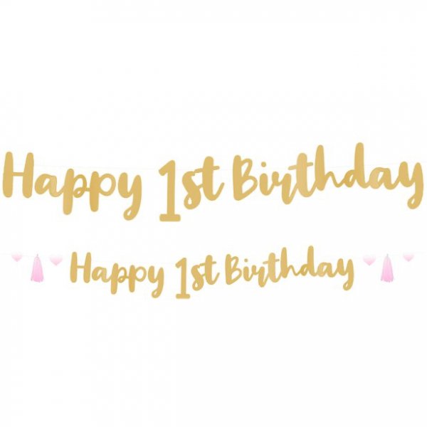 Girlang - Happy 1st Birthday - Guld/Rosa Hjrtan