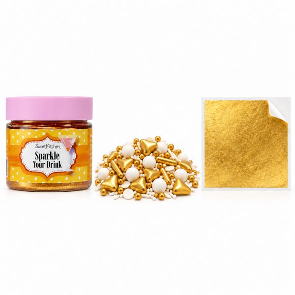 Nyårs-paket Guld - Drinkglitter, strössel och bladguld Nyårs-paket Guld - Drinkglitter, strössel och bladguld