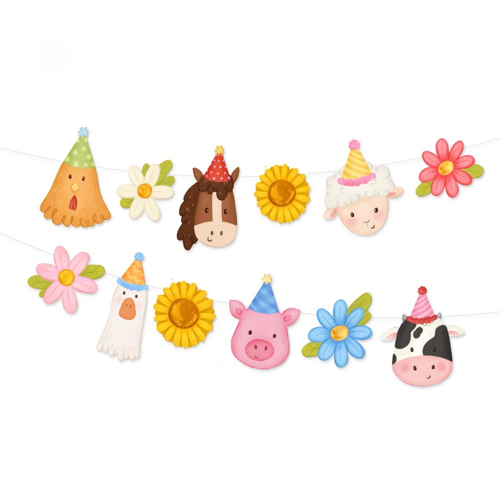 Girlang – Bondgård – Djur och blommor – 190 cm – Vimplar till kalas, Kalasdekorationer