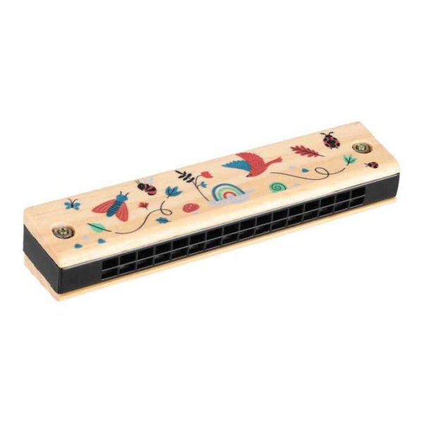 Musikinstrumentset i tr� f�r barn med triangel, rytmpinnar, munspel och guiro