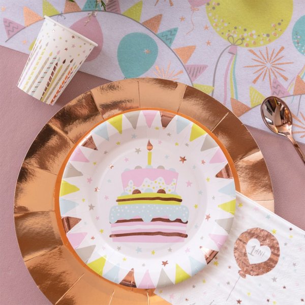 Papptallrikar - Happy Birthday - Pastel/Ros - 10-pack