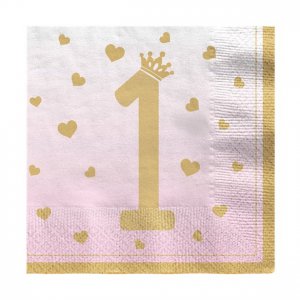 Servetter - 1st Birthday - Rosa/Guld - 20-pack