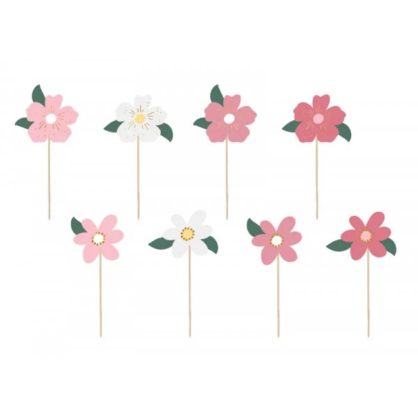 Cake Picks - Blommor - Rosa/Vit - 8-pack