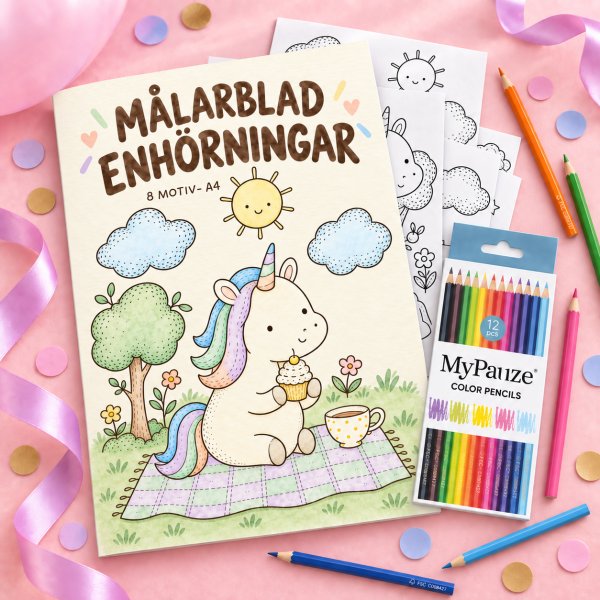 M�larblad med f�rgpennor - Unicorn/Enh�rning - 8 motiv - A4