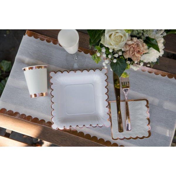 Papptallrikar - Fyrkantiga - Vit/Roseguldig kant - 10-pack