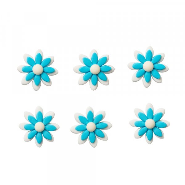 Sockerdekorationer - Blommor - 3,5 cm - Vita/Bl - 6 st
