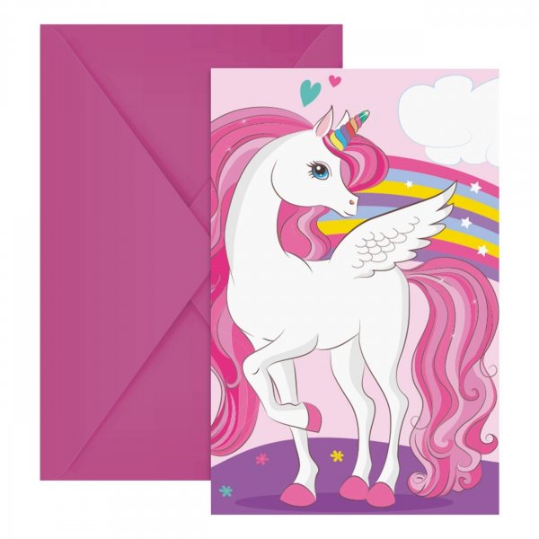 Inbjudningskort Unicorn - Regnb�gsf�rger - 6-pack