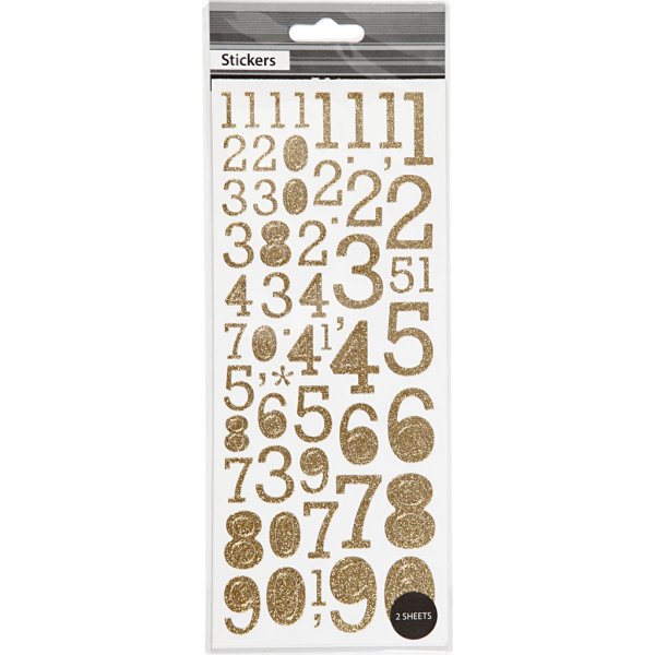 Glitterstickers - guld - siffror - 10x24 cm - 2 ark