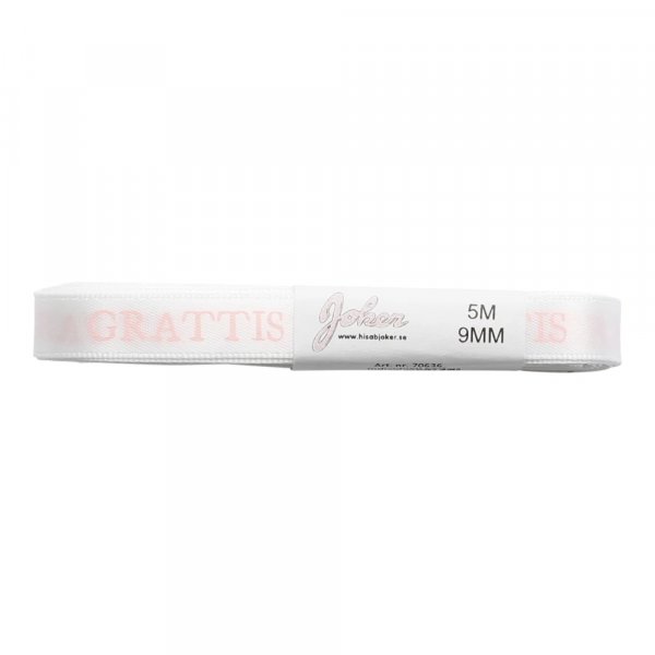 Sidenband - Grattis - Vit/Rosa - 5m