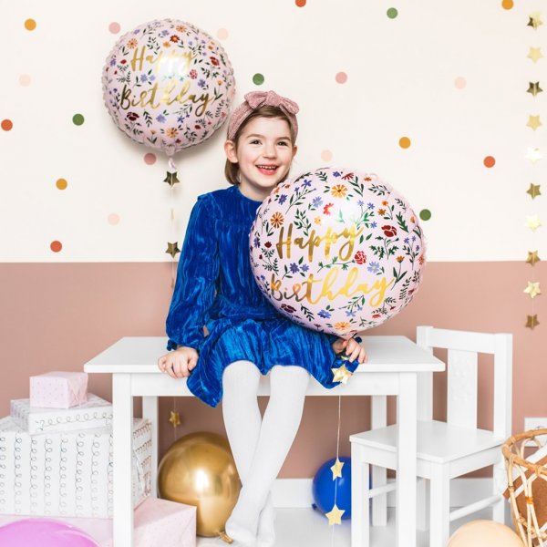 Folieballong - Happy Birthday - Rosa med blommor Folieballong - Happy Birthday - Rosa med blommor
