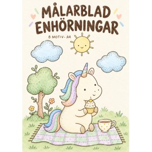Målarblad - Unicorn/Enhörning - 8 motiv - A4 Målarblad - Unicorn/Enhörning - 8 motiv - A4