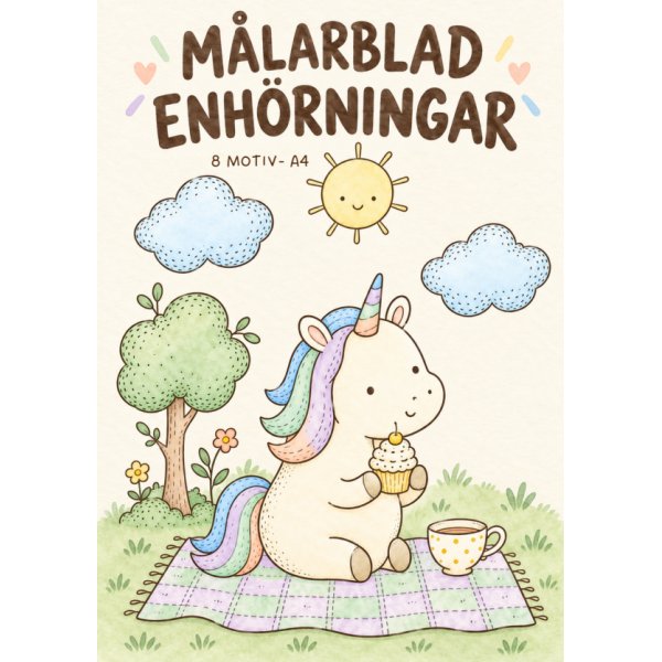 Målarblad - Unicorn/Enhörning - 8 motiv - A4 Målarblad - Unicorn/Enhörning - 8 motiv - A4