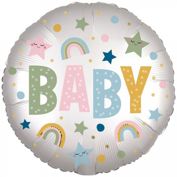 Folieballong - Rund - BABY - Pastellstjrnor & regnbgar
