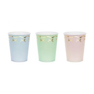 Pappmuggar - Bl�/mint/rosa med guldrosett - 6-pack