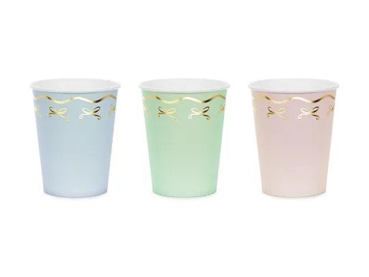 Pappmuggar - Bl�/mint/rosa med guldrosett - 6-pack